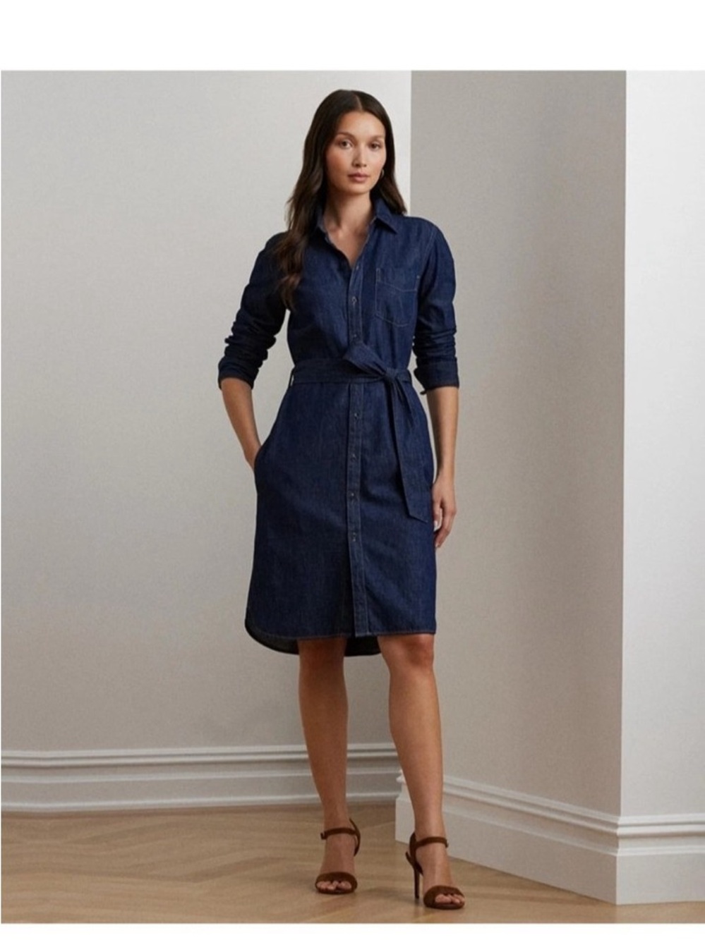 Lauren Ralph Lauren Classic Dark Blue Denim Shirt Dress with Tie Waist size